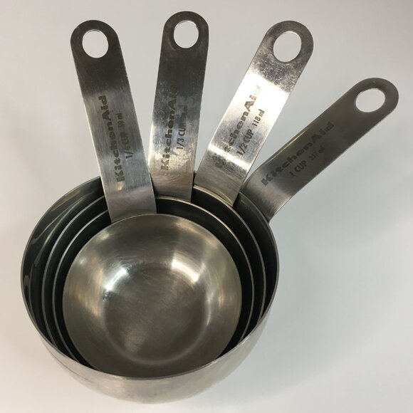 KitchenAid 4 Piece Stainless Steel Round Measuring Cups Handle Hanging Hole - Picture 1 of 14
